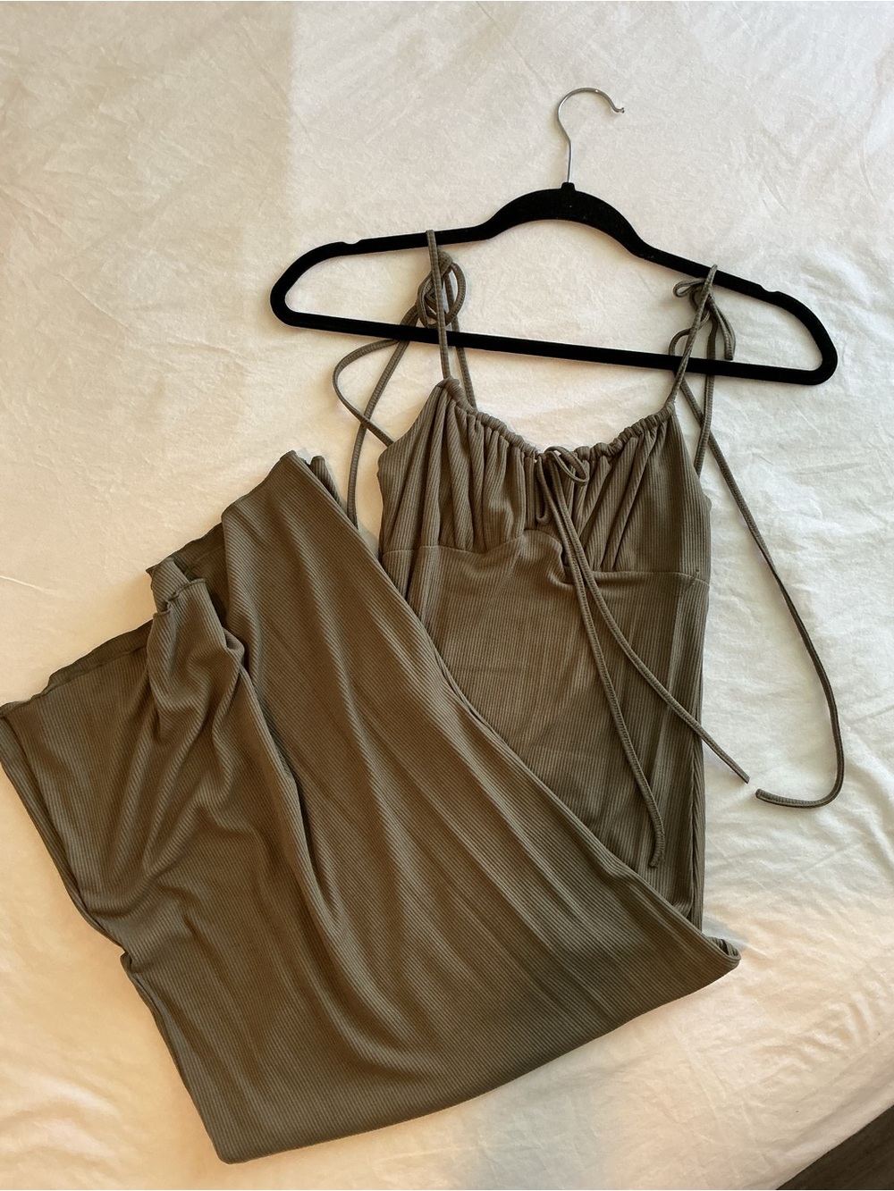 SHEIN Olive Ribbed Tie-Strap Midi Dress